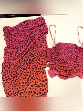 NWOT AFRM Coral Leopard Print Ruched Midi Skirt & Crop Top Set